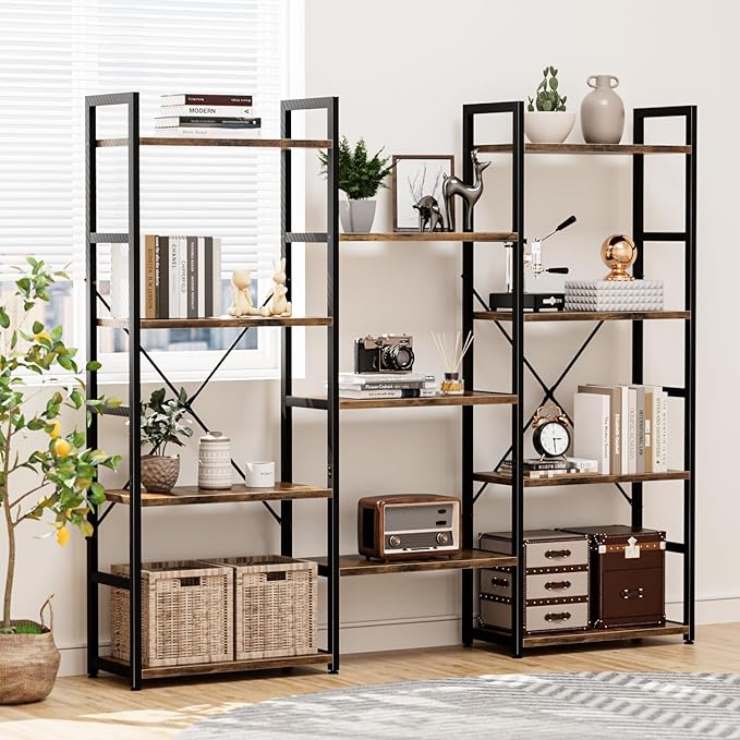 NUMENN Triple Wide 4 Tier Bookshelf, Adjustable Rustic Industrial Style - Image 4