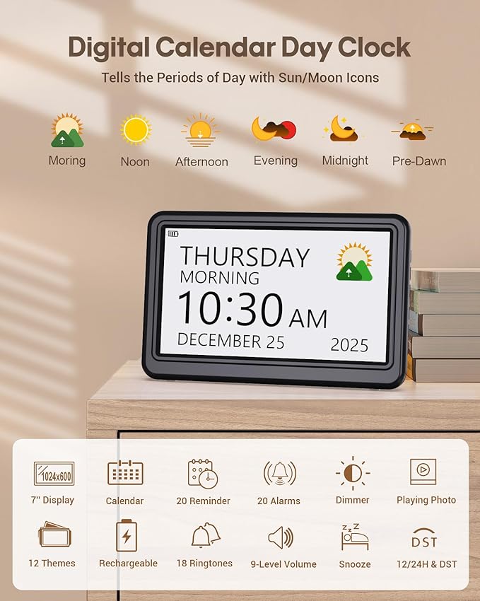 Clock with Day and Date for Elderly Battery Operated, Rechargeable Digital - Image 3