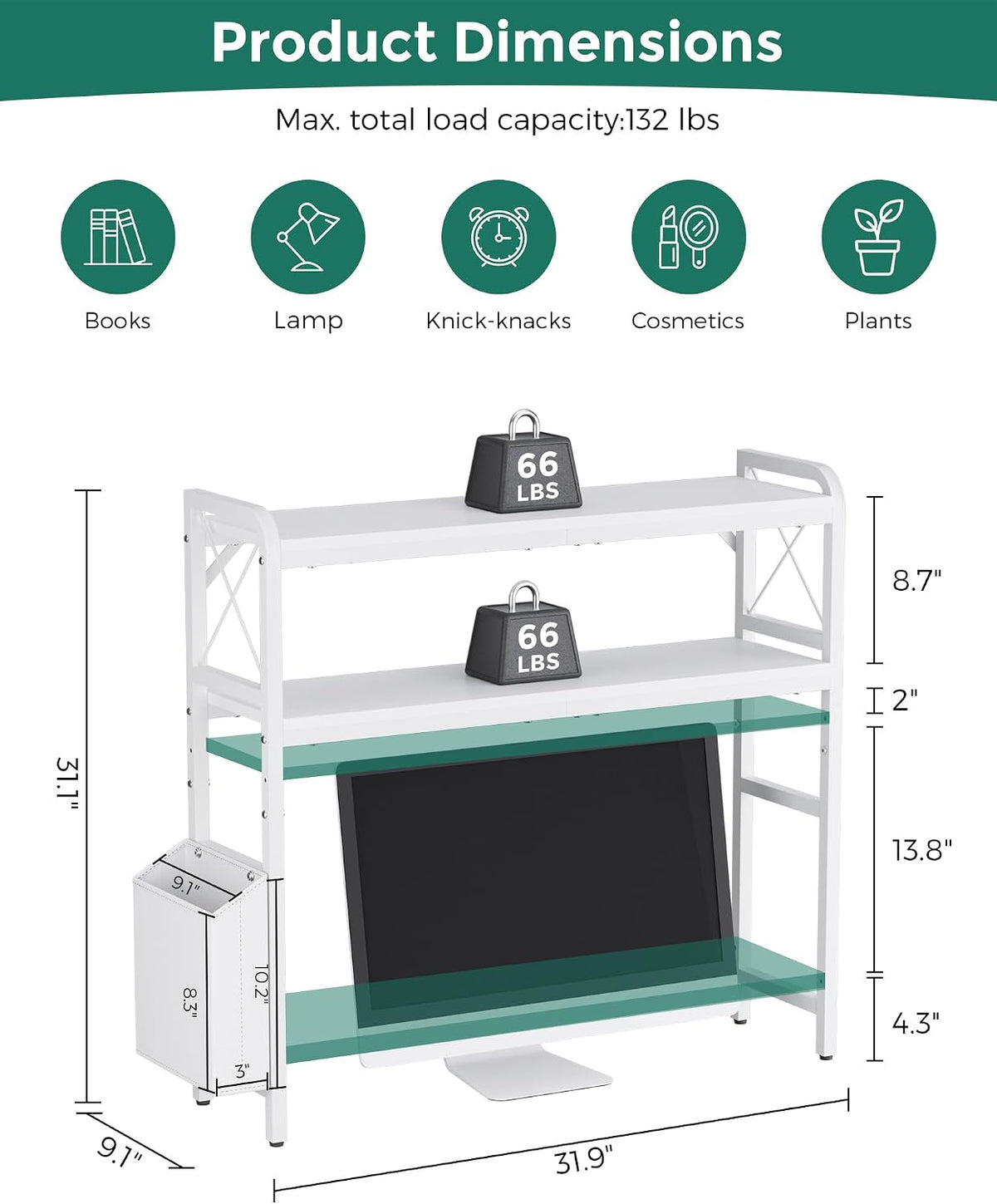Desk Hutch Dorm with Adjustable Shelves and Side Pockets