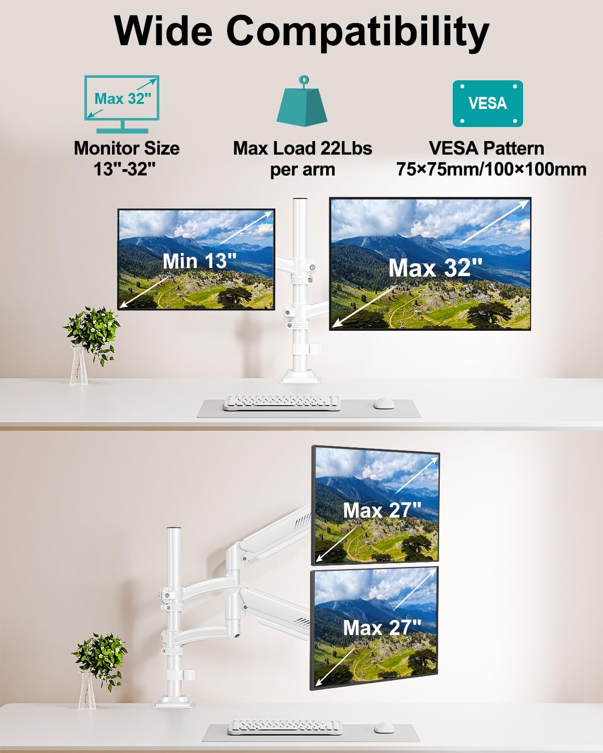 Dual Monitor Stand for 2 Screens up to 32 inch, Vertical Stacked Dual Monitor...