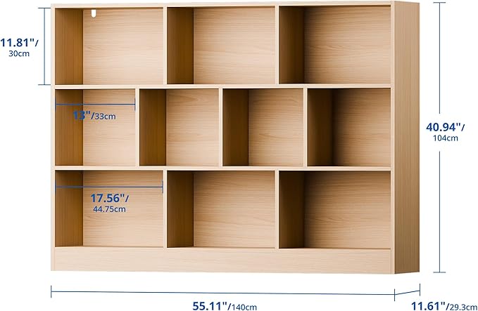 Cozy Castle Oak Bookshelf, 3-Tier Open Shelf Bookcase, 10 Cube Storage Organizer - Image 2