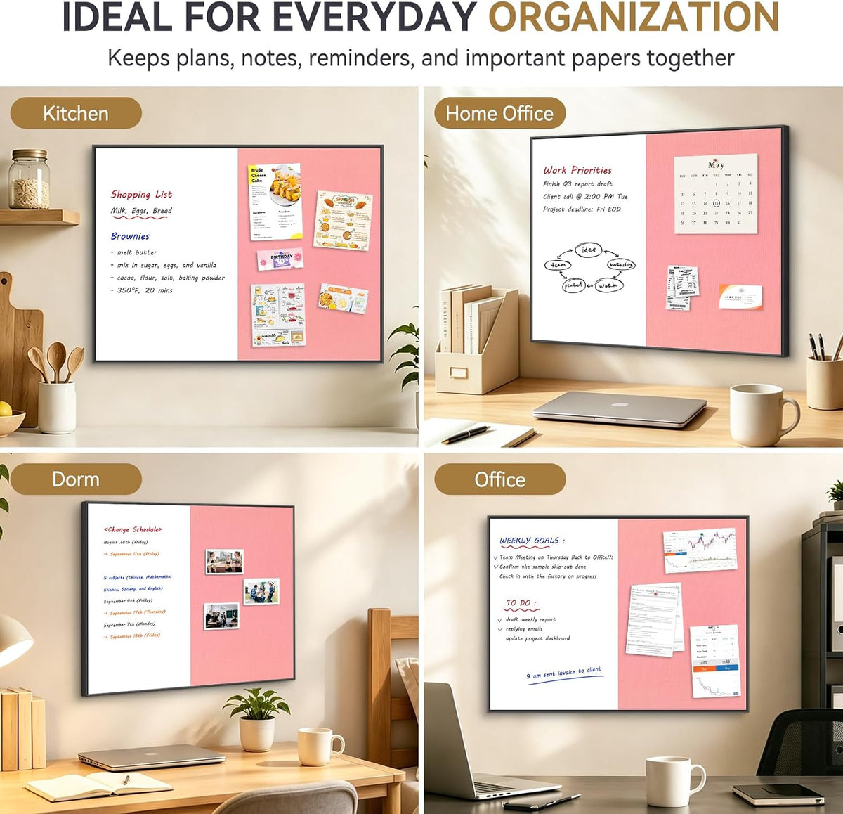 Whiteboard Bulletin Board Combo, 24"x18" Dry Erase Linen Cork Board