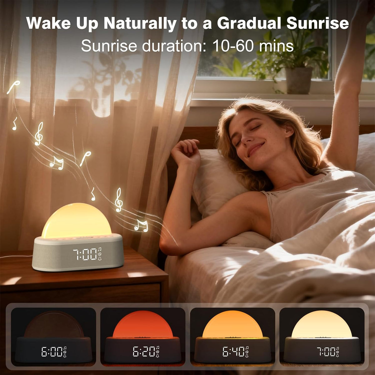 wake up light sunrise alarm clock, digital alarm, close-up detail