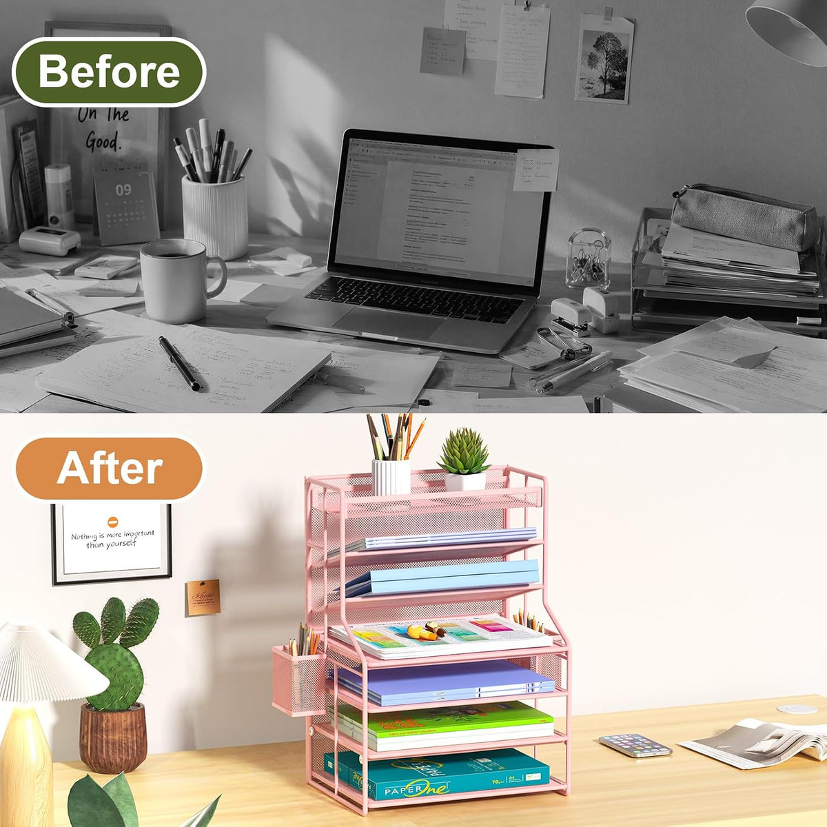 Pink 7 Tier Desk File Organizer, Metal Letter Tray Paper Organizer with Pull-...