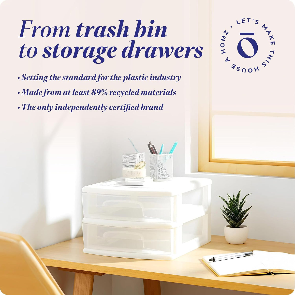 HOMZ 2 Drawer Storage Cart, Wide Plastic Container, White Frame, 2 Pack