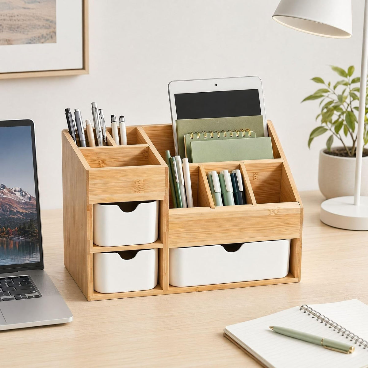 Bamboo Makeup Organizer, 3 Drawers & Adjustable Dividers
