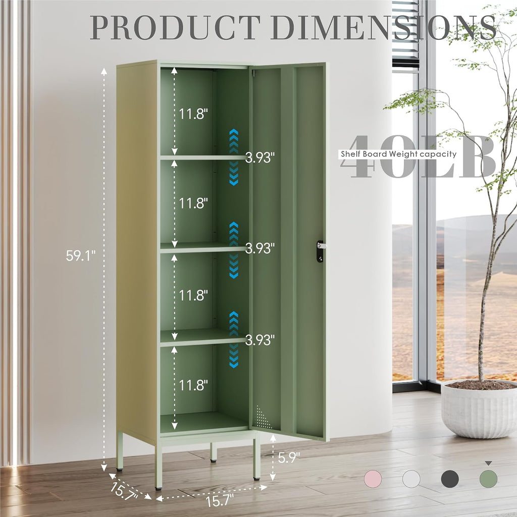 Green Metal Locker Cabinet, 59.1" Lockable Storage Locker for Employees with Adjustable Shelves, Locking File Cabinet Door for Office, School, Gym, Garage