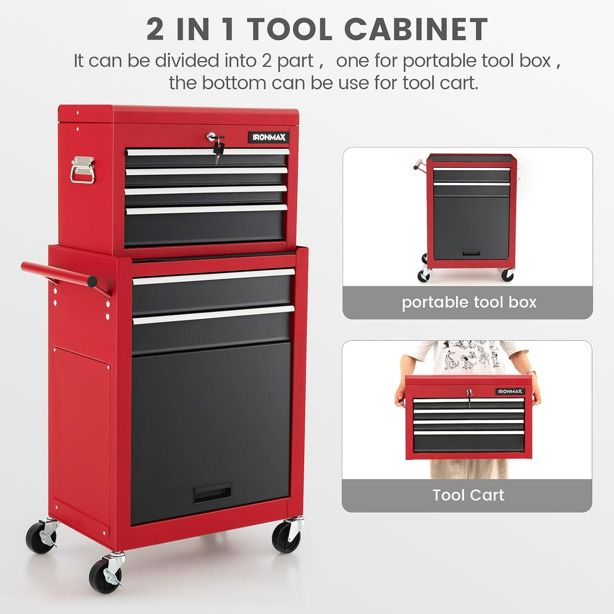 ERGOMASTER Rolling Tool Chest Cabinet Big Capacity Storage with Wheels and Lo...