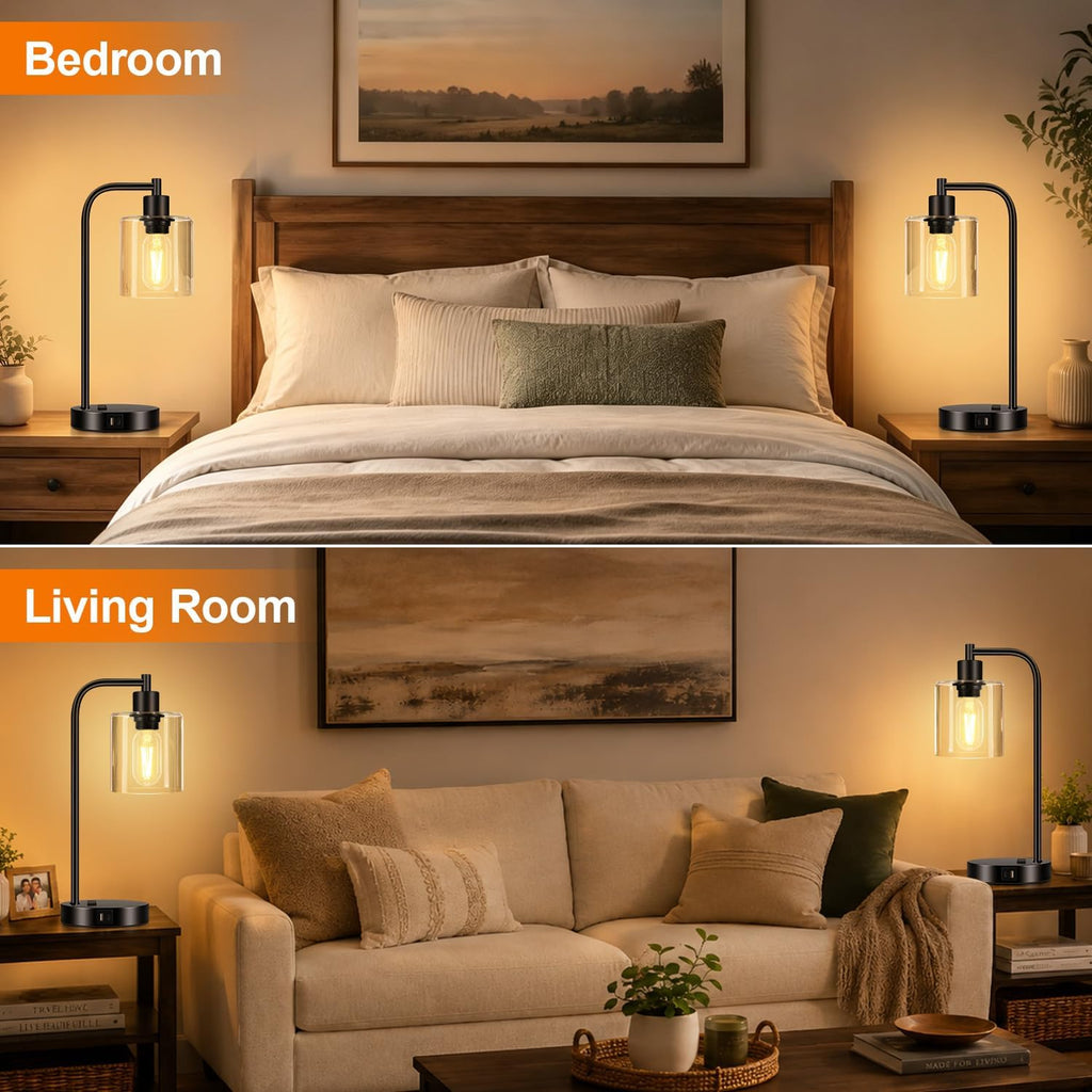 set of 2 industrial touch control table lamps on a desk or shelf