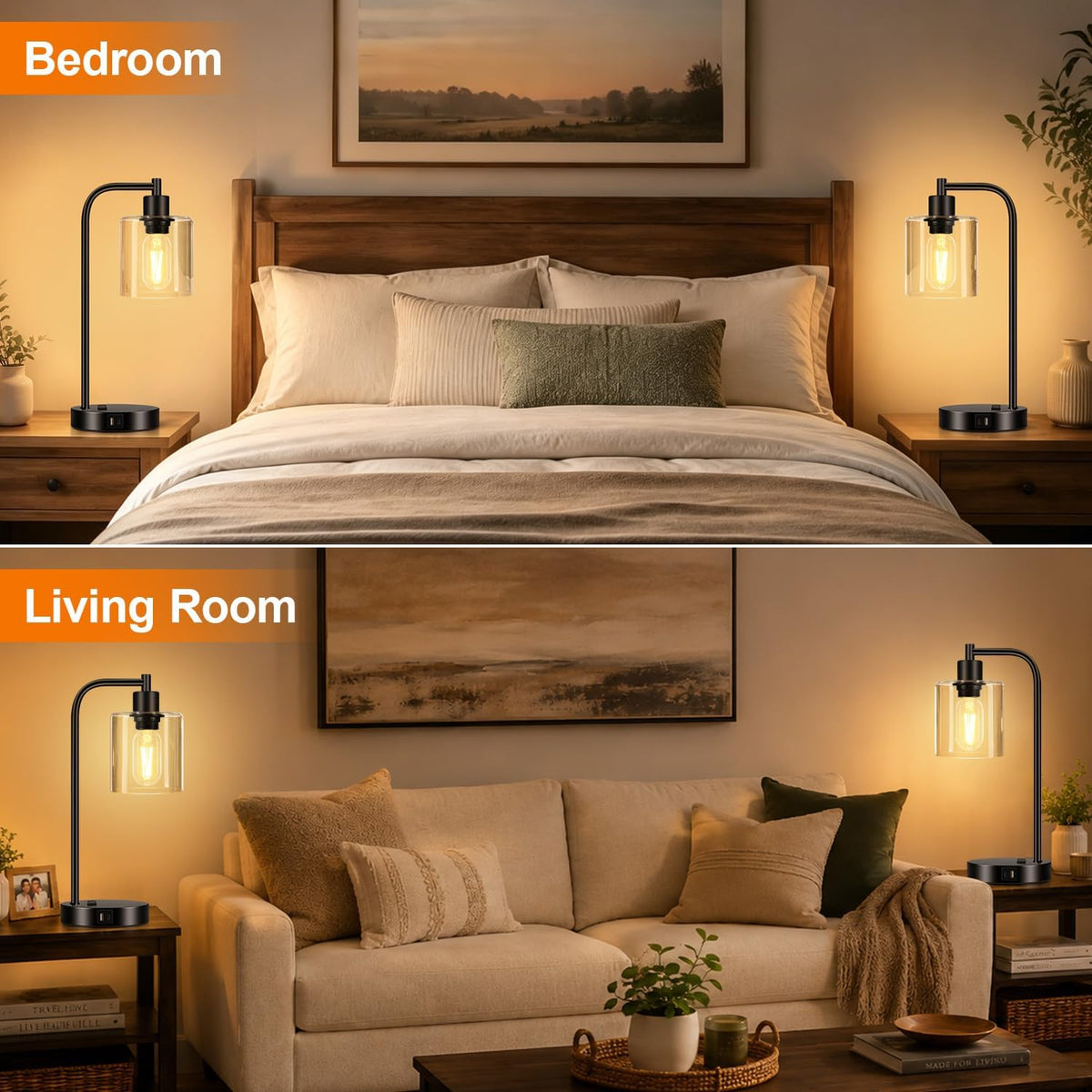 set of 2 industrial touch control table lamps on a desk or shelf