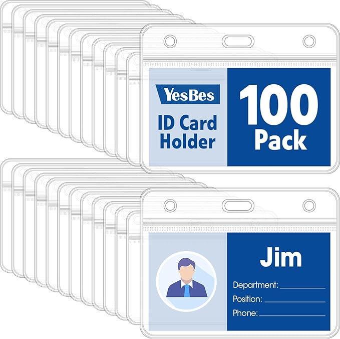 100 Pcs Horizontal Badge Holders, Extra Thick ID Card Name Tag Badge Holder by YesBes