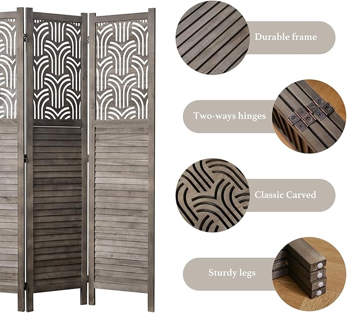 Svimi Folding Room Divider, 66.9 Inch 4 Panels Wood Carved Privacy Screens - Image 4