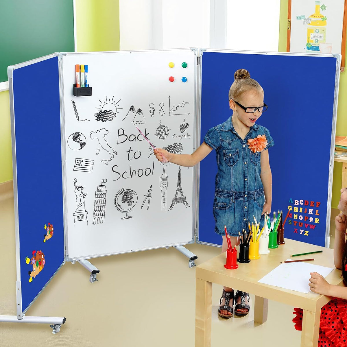 AmazingSpark 3 Panel Classroom Dividers for Room Separation, Blue White