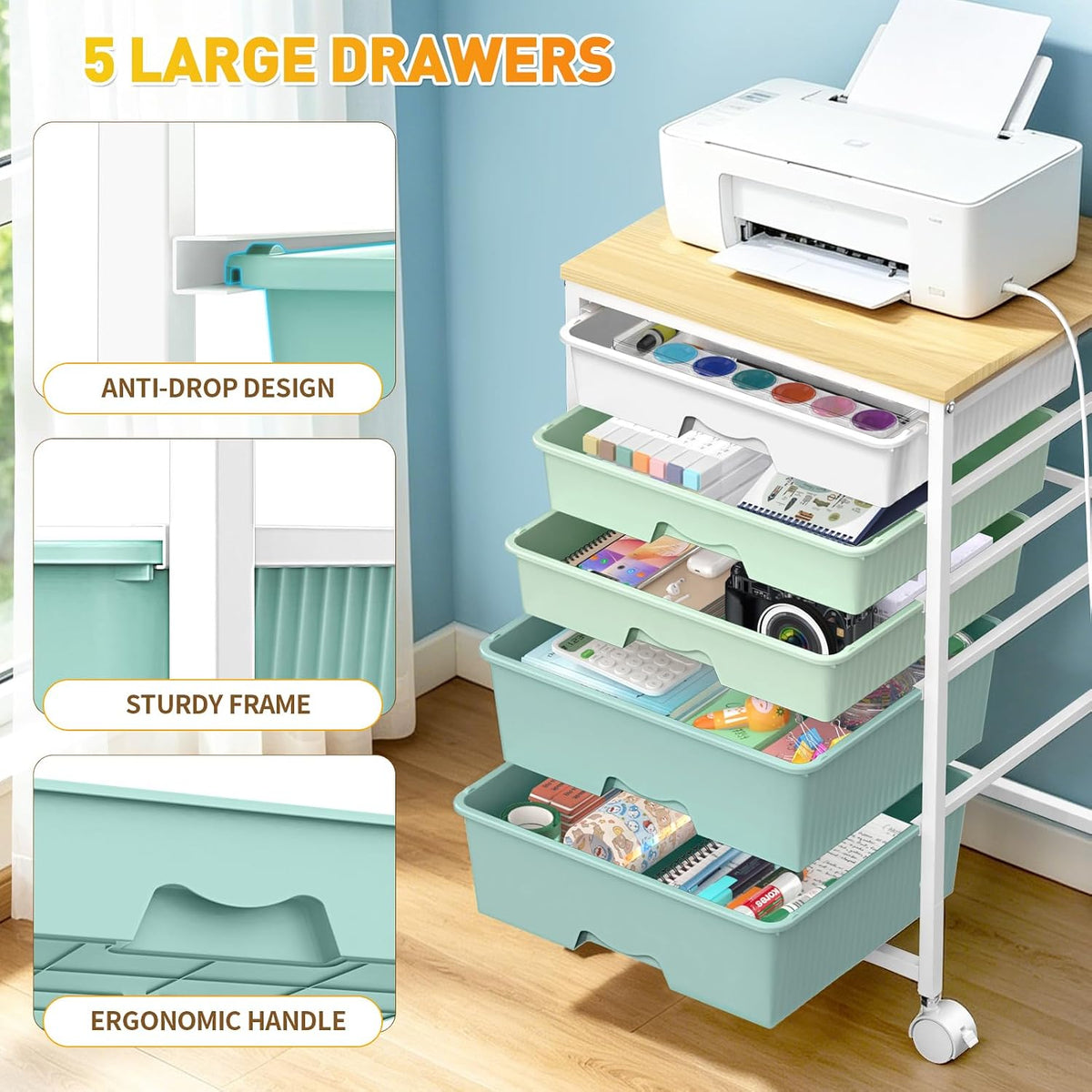 SUNALLY Rolling Carts With 5 Drawers, Storage Drawer Carts for Craft, Green