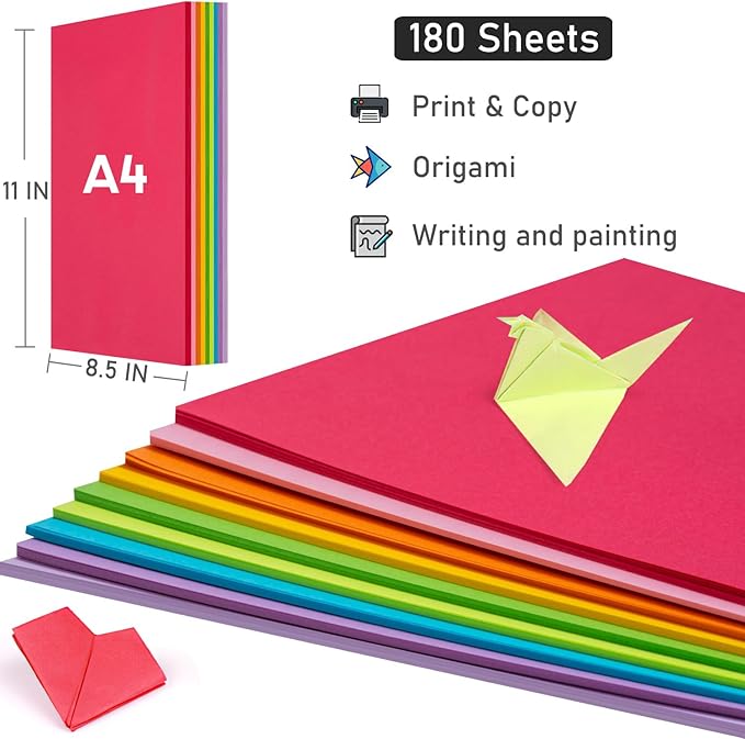 Colored Copy&Print Paper 8.5X11 Inches, 180 Sheets 9 Colors Rainbow A4 Printer - Image 2