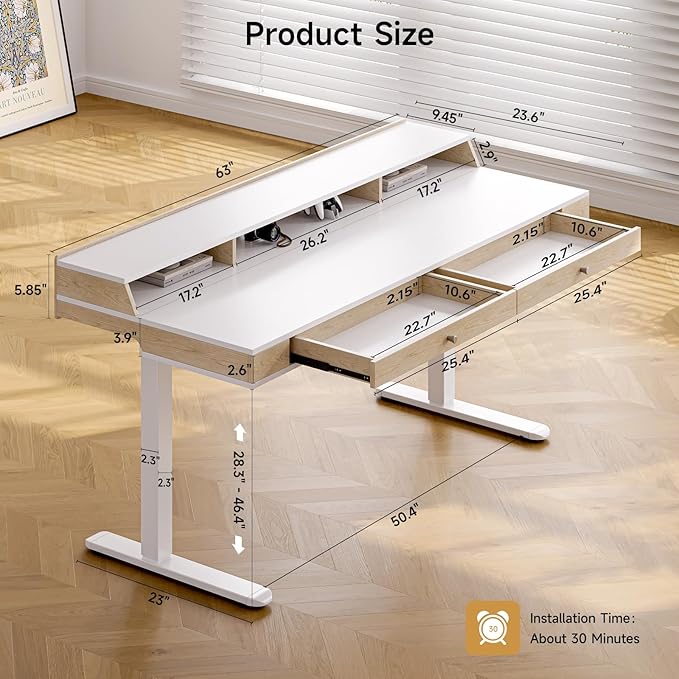 ONBRILL Standing Desk with Drawers, 63x23.6 Inch Electric Stand Up Desk with - Image 2