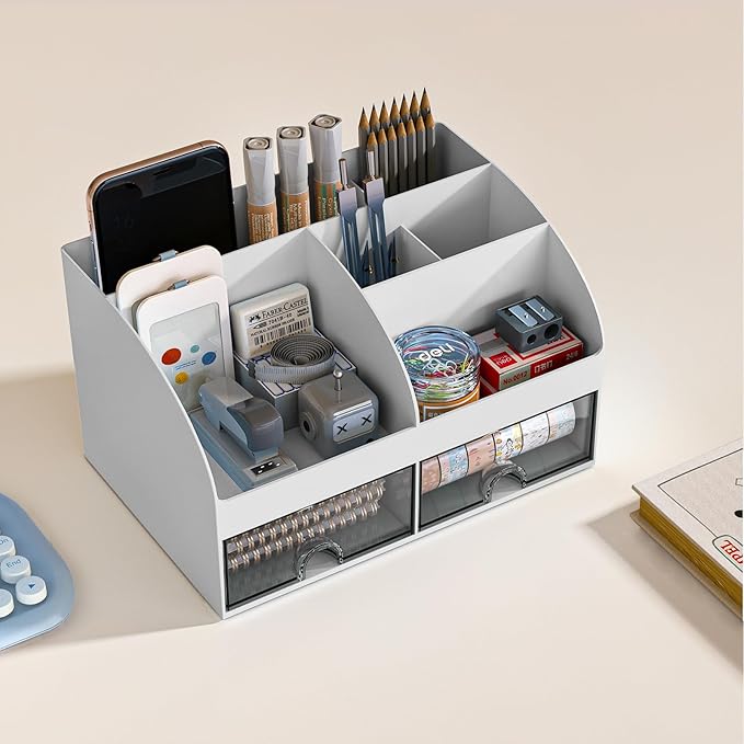 Desk Organizer with 6 Compartments and 2 Drawers, Plastic Makeup Organizer - Image 2