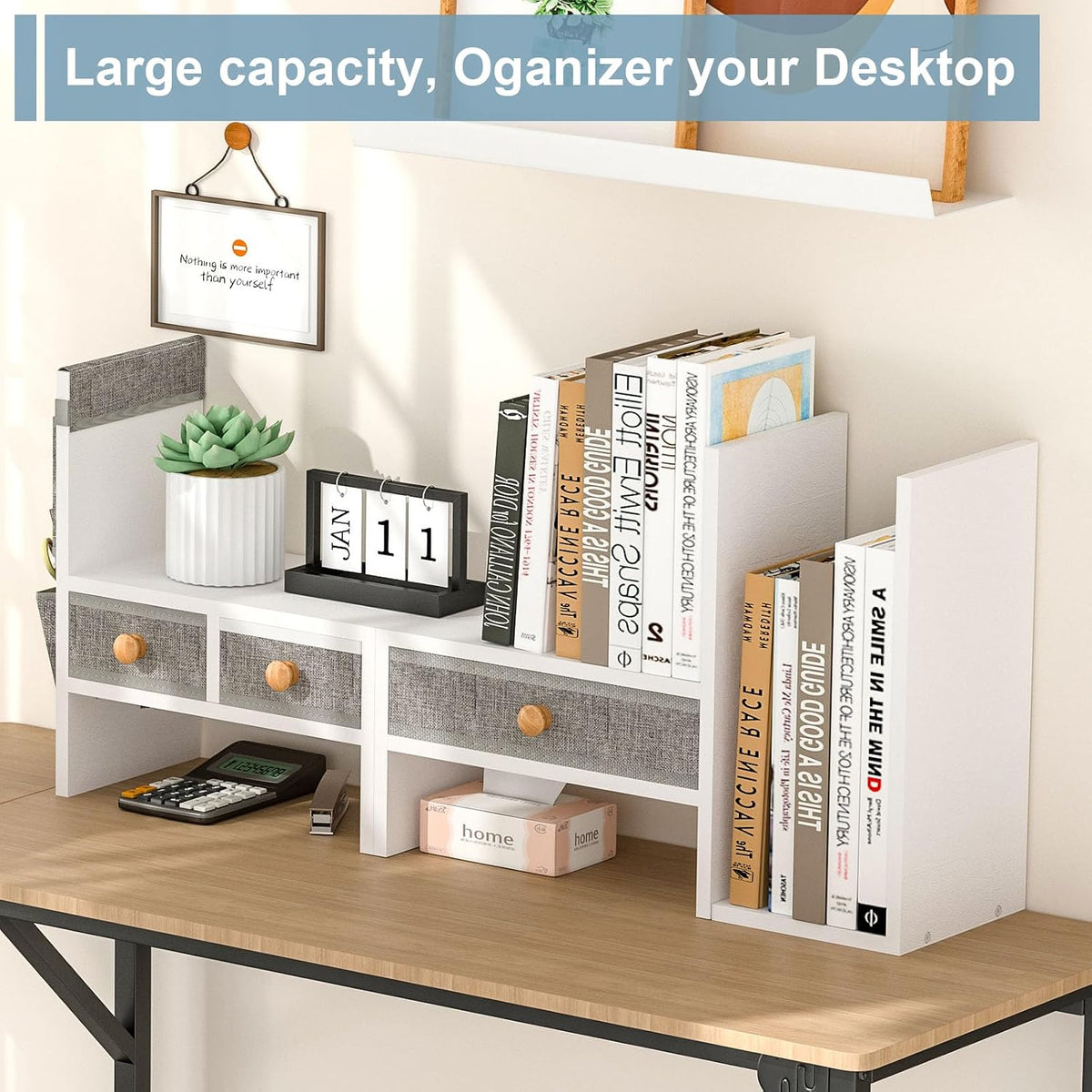 X-cosrack Adjustable Desk Shelves for Storage, Desktop Bookshelf with 3 Drawe...