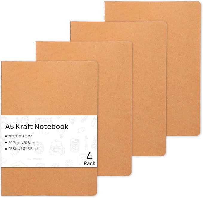 4 Pack Blank Kraft Notebooks, 8.3x5.5 Inches A5 Small Journals Bulk Blank by Welcometomiikoul