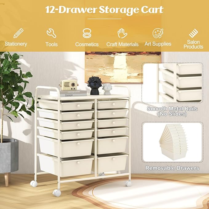 Happygrill 12-Drawer Rolling Storage Cart, 2 Sizes Plastic Drawers & Metal Shelf - Image 4