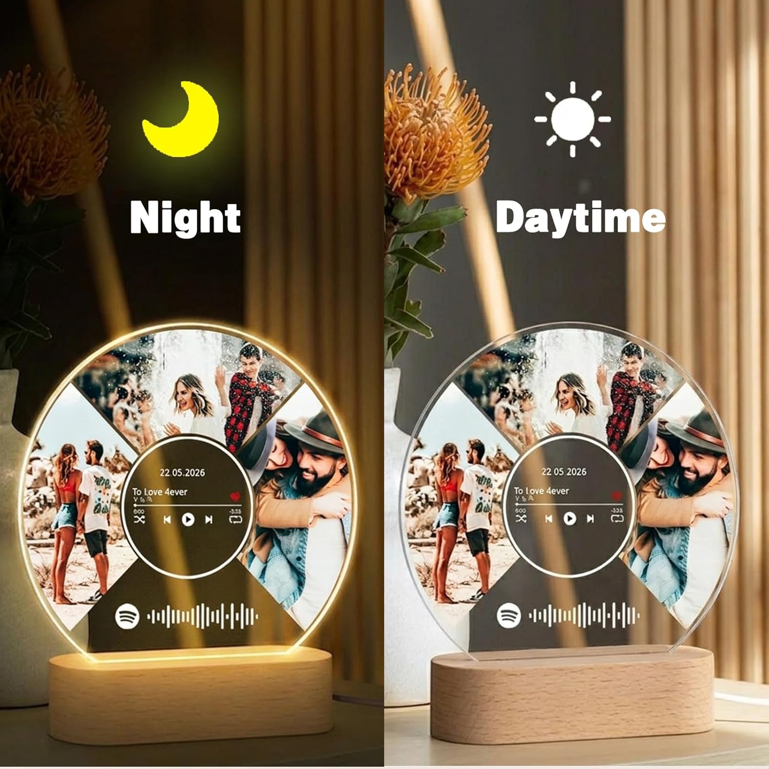 LOUISMIAA Personalized Vinyl Record with Custom Spotify Code, Acrylic LED Light Up Music Decor, Customized Couples Gifts for Anniversary Wedding, Scannable Song Plaque for Him Her, Home Office Shelf Display(Style D)
