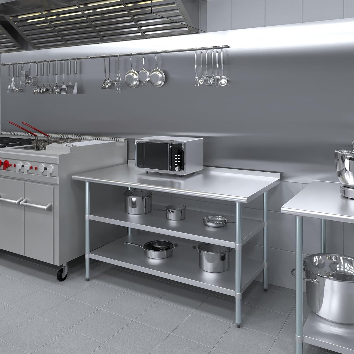 AmGood Stainless Steel Work Table with 1.5" Backsplash and 2 Shelves | M...