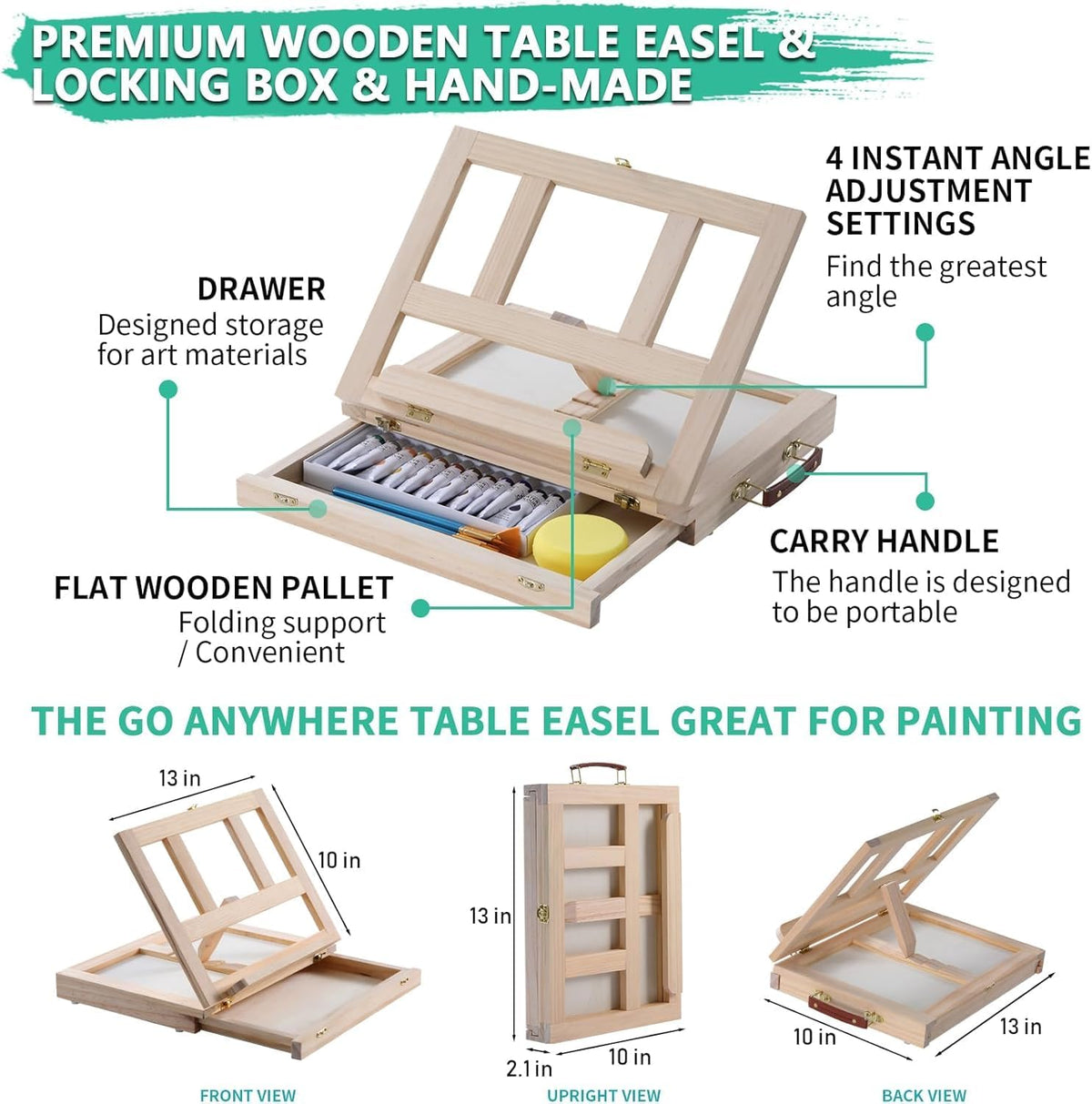 portable wooden tabletop art easel set with 24 showing dimensions