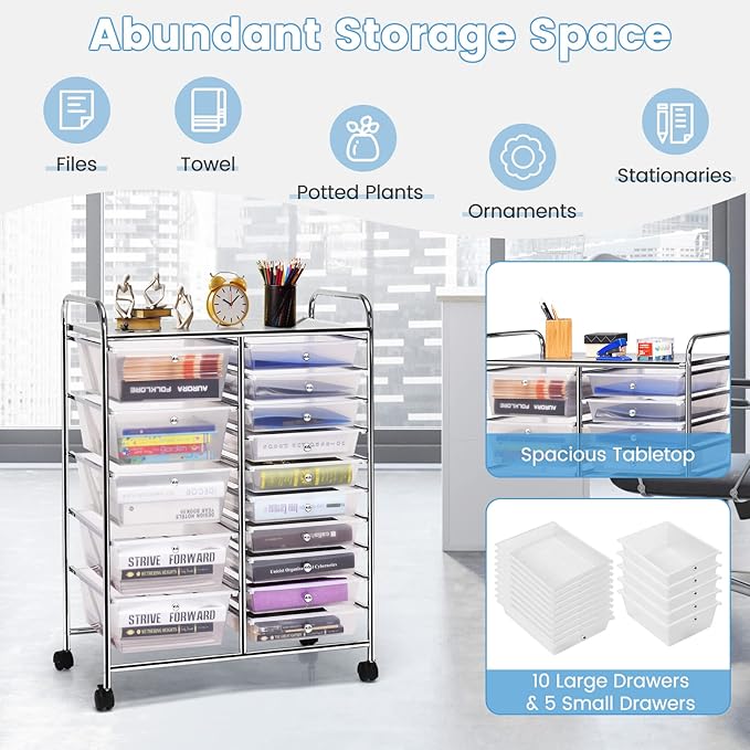 COSTWAY 15 Drawer Rolling Storage Cart, Utility Tools Paper Organizer on Wheels - Image 4