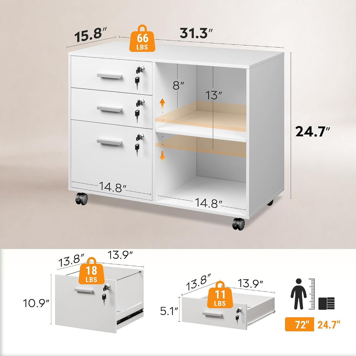 devaise 3-drawer file cabinet with lock, mobile wood, close-up detail