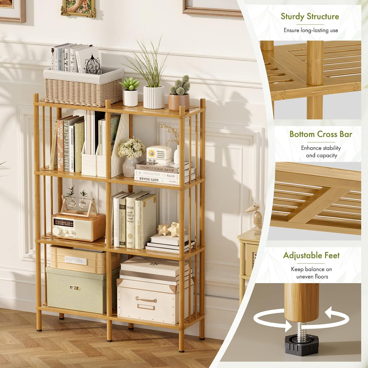 4 Tier Book Shelf, Wide Bamboo Bookshelf, Tall Bookcase with 8 Open Display S...