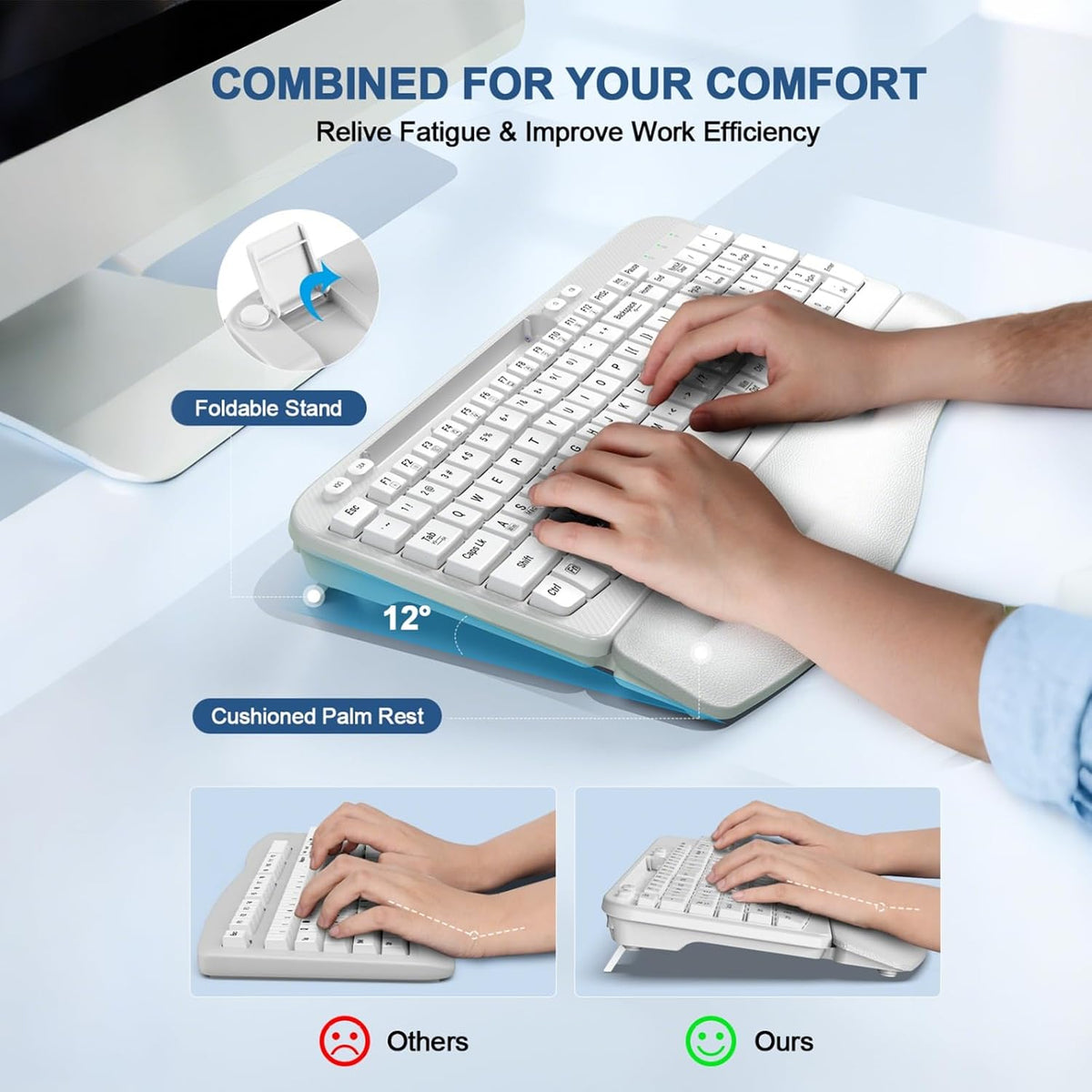 EAYBLLY 2.4G Wireless Ergonomic Keyboard, Full Size Wave Keys with Memory Foa...
