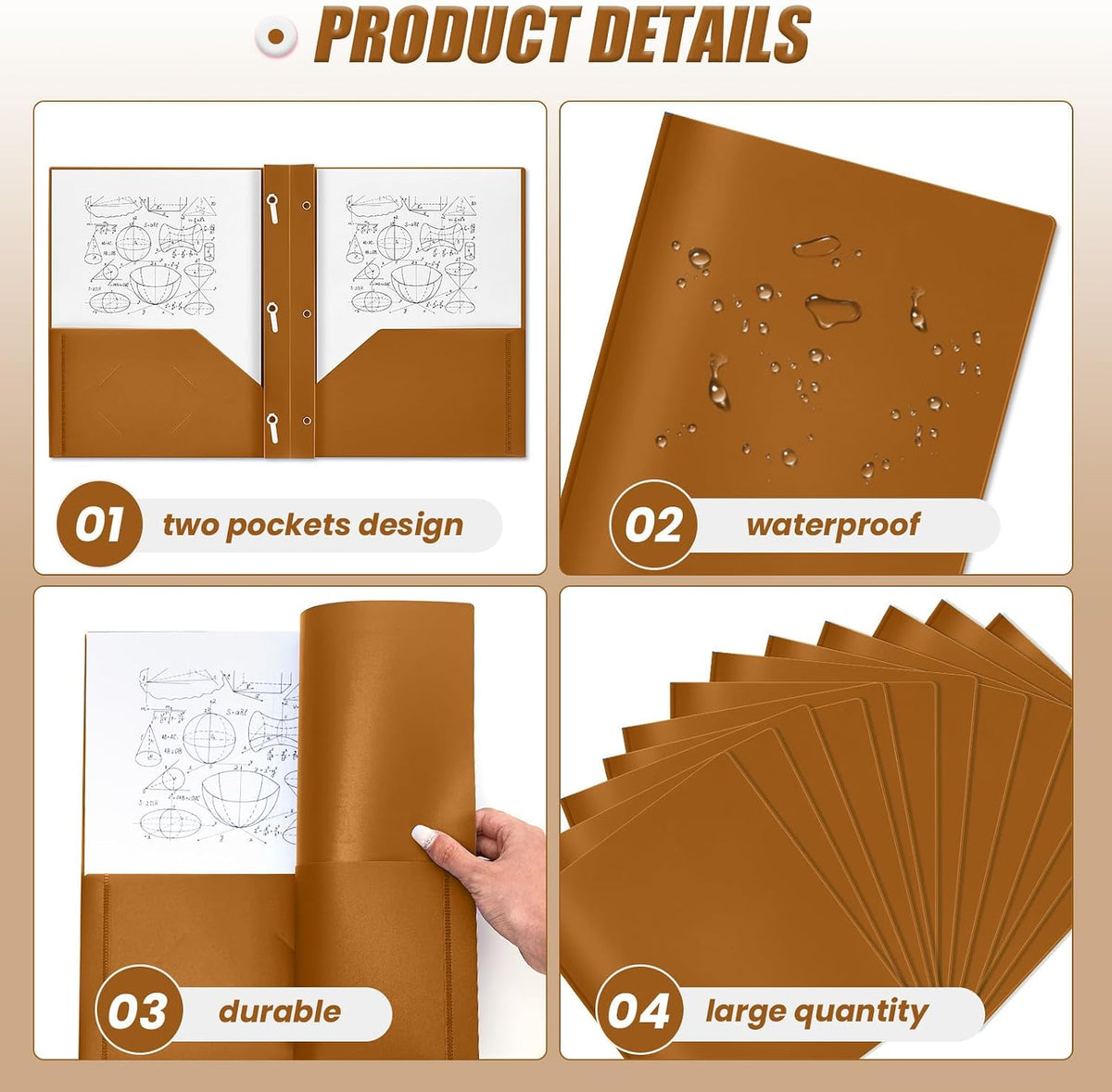 Lincia 100 Pcs Plastic Folders with 3 Prong Fasteners, Brown