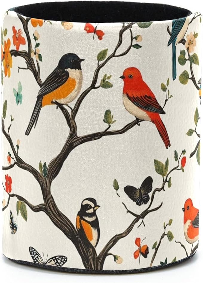 Leather Pen Holder for Desk, Colored Birds Flowers Trees Pencil Cup Desktop by Unknown