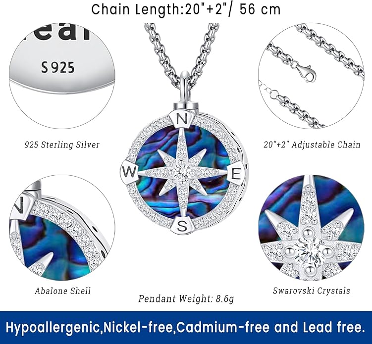 Compass Necklace for Women Men 925 Sterling Silver Pendant Urn Necklaces for - Image 4