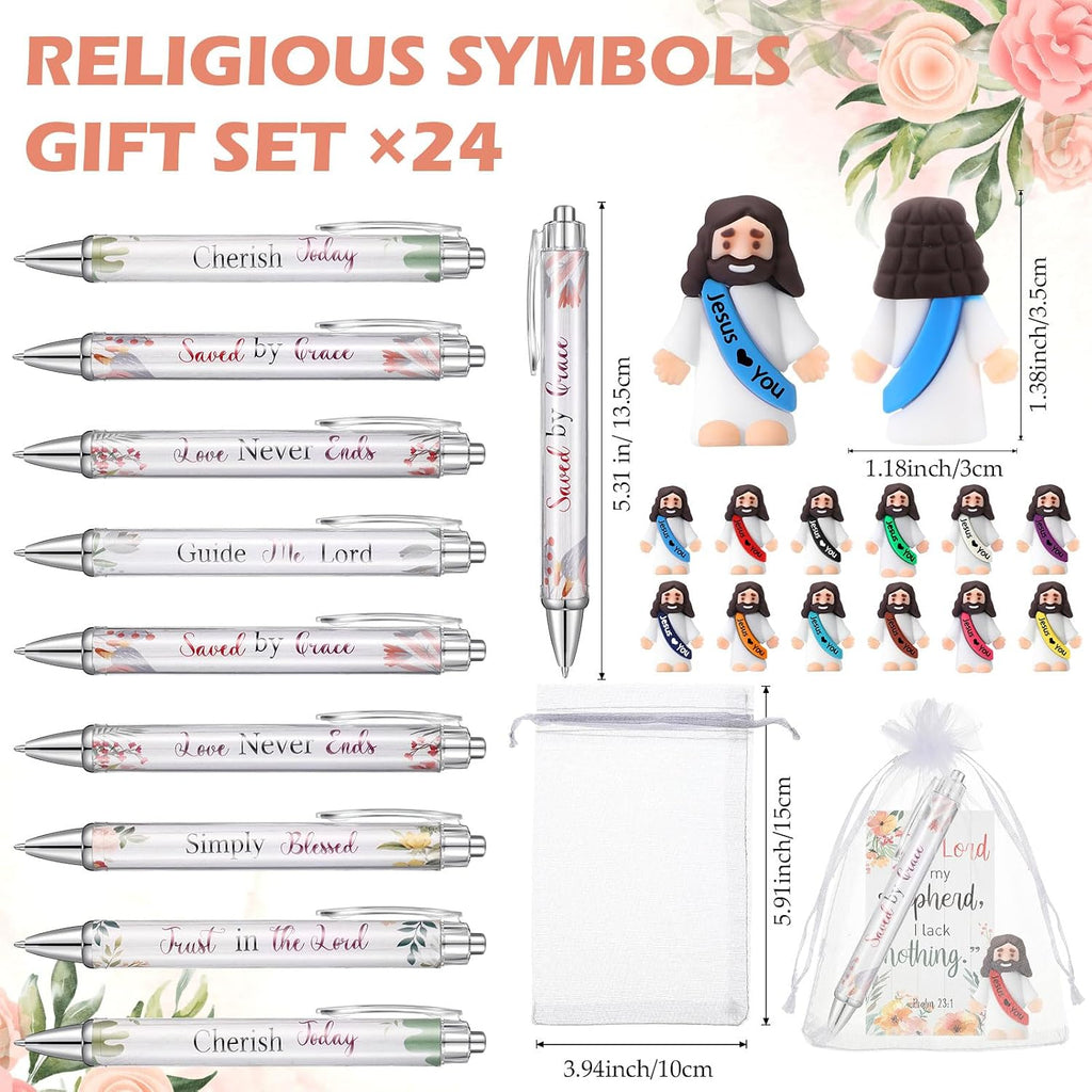 Cinnvoice 24 Set Christian Bulk Gifts for Women, Little Jesus Figures, Bible Verse Pens Gift with Prayer Cards, Religious Vbs Scripture for Easter Sunday Church Inspirational Supply (Floral Style)
