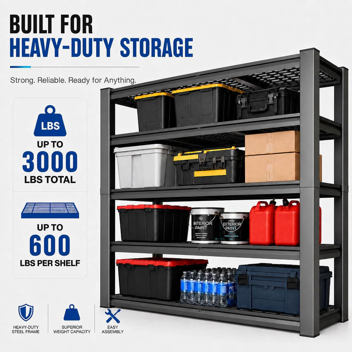 tote storage rack, garage shelving heavy-duty storage bin showing dimensions