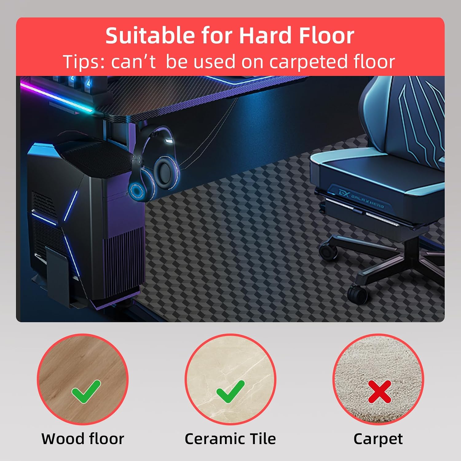 AiBOB Gaming Chair Mat for Hardwood Floor, 53" x 45" 3D Diamond Design | Stylish Office Computer Desk Mat, No Carpet, Protcet Floor, Durable Plastic, Non-Slip Backing, Smooth Rolling, Easy to Clean