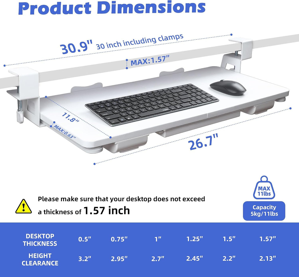 Keyboard Tray Under Desk with Drawer, White, 26.77" X 11.81"