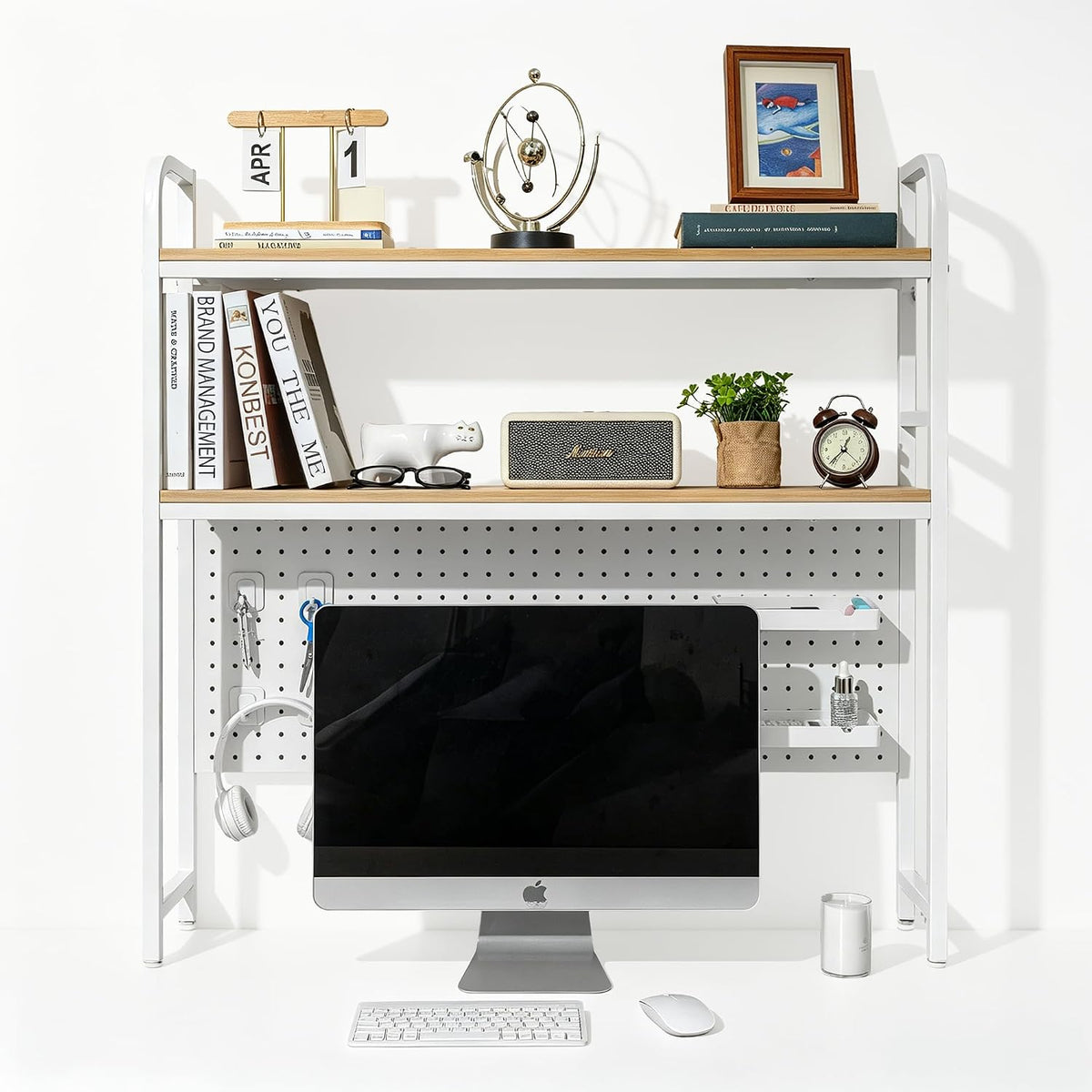 deli Desktop Shelf, Desk Hutch with Metal Pegboard, White