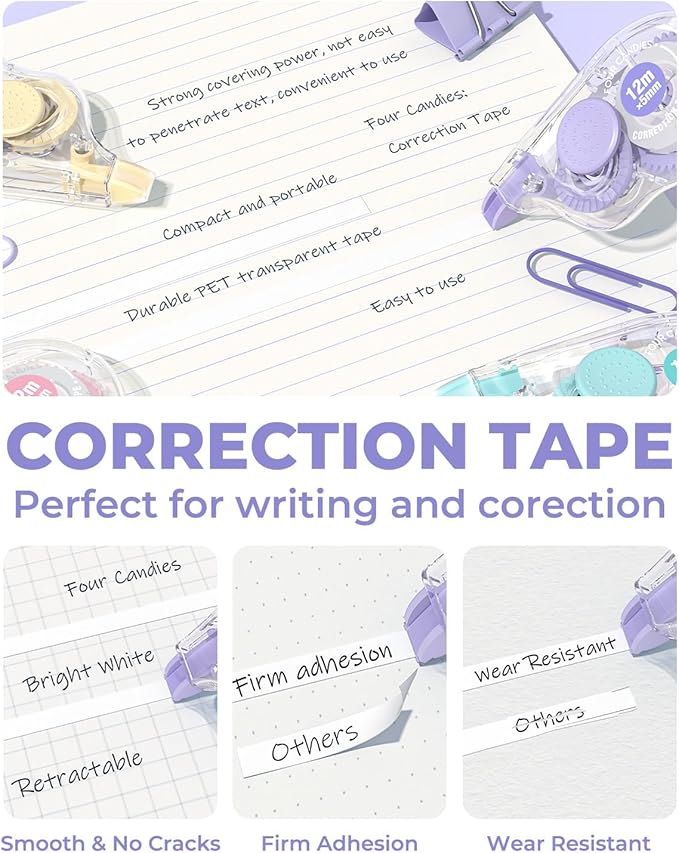 Four Candies White Correction Tape, 39.4 Feet, 4 Pack Easy to Use Applicator - Image 2