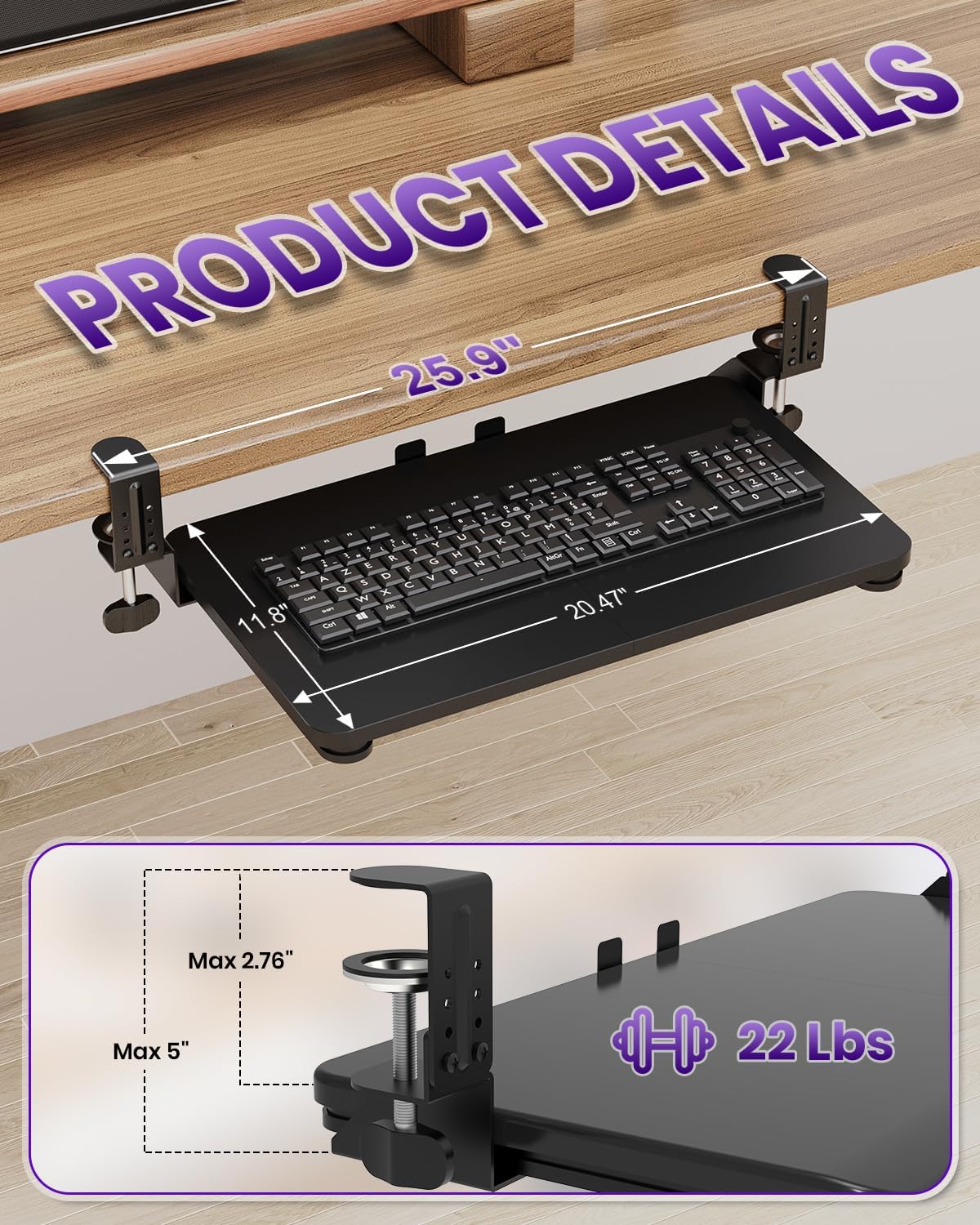 Ergonomic Mouse & Keyboard Tray Under Desk, 20x11.8 in Board, Black