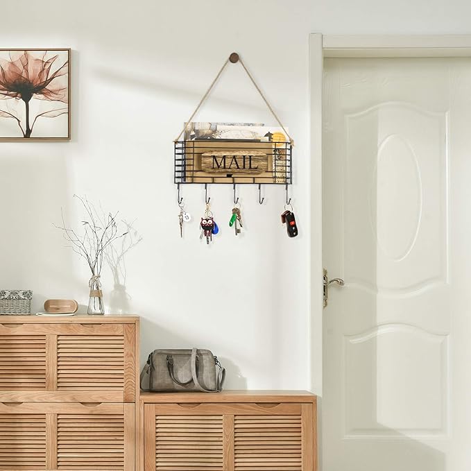 SRIWATANA Mail Holder, Rustic Mail Organizer Wall Mount Hanging Mail Sorter - Image 3