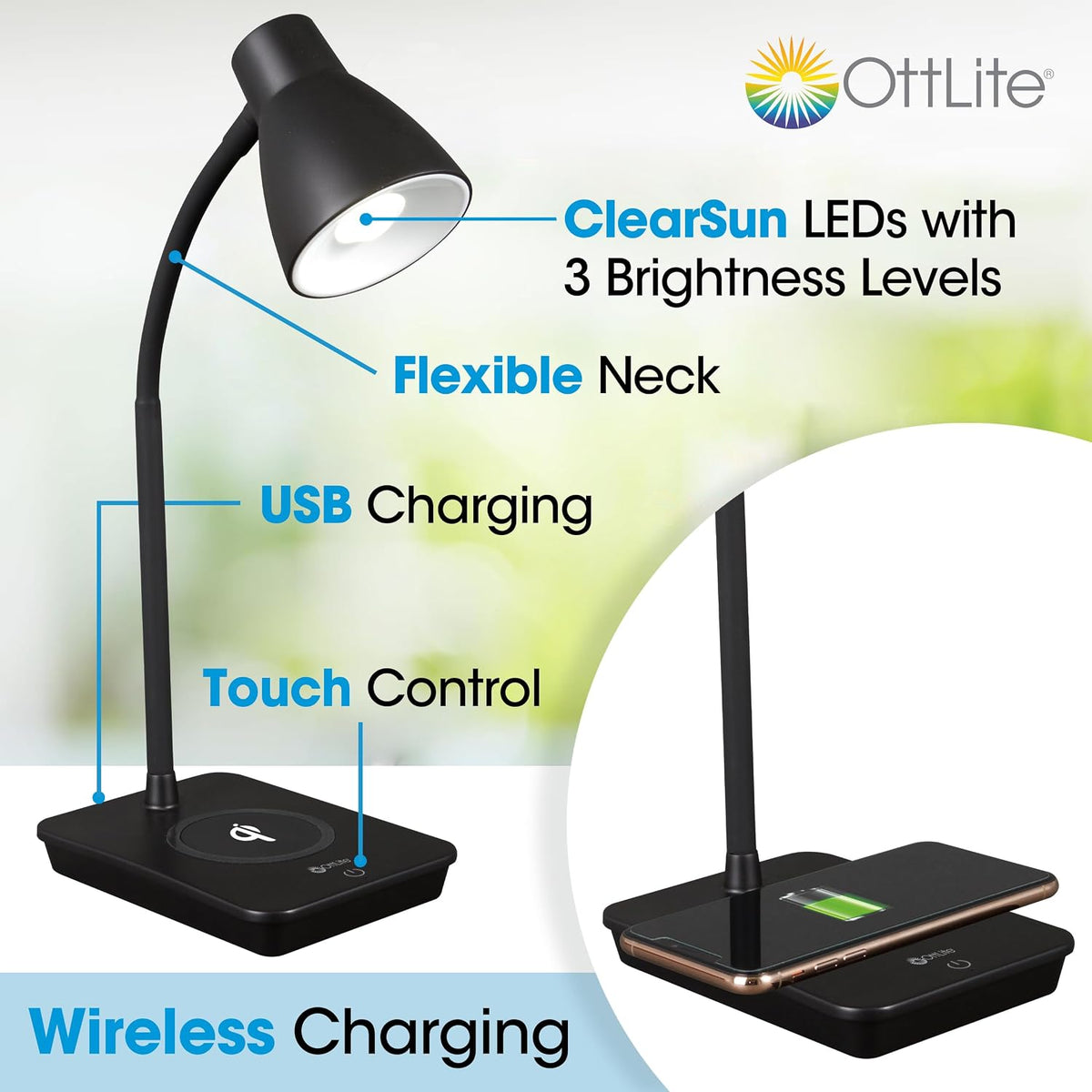 OttLite Infuse LED Desk Lamp with Wireless Charging, Black