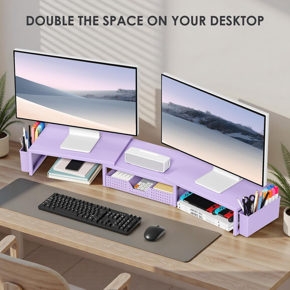 opnice desk organizers and accessories, dual monitor stand, side view