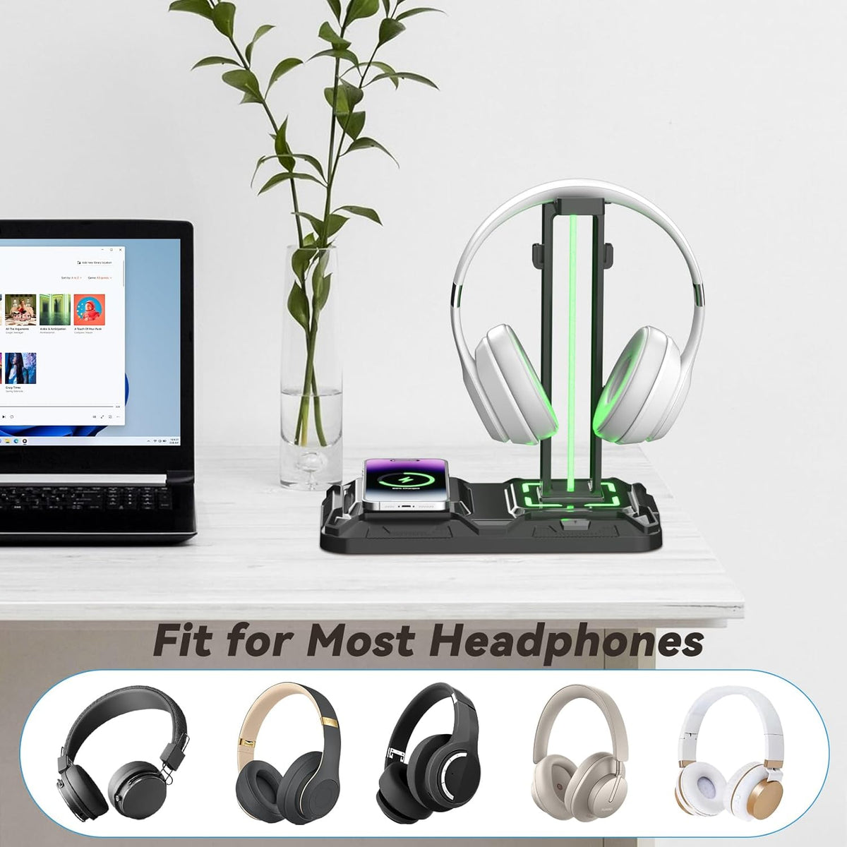 KDD Headphone & Controller Stand with Wireless Charging - Rotatable Heads...