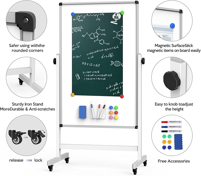 UIFER Rolling Whiteboard, 44 x 26 Double Sided Magnetic Dry Erase Board Height - Image 3