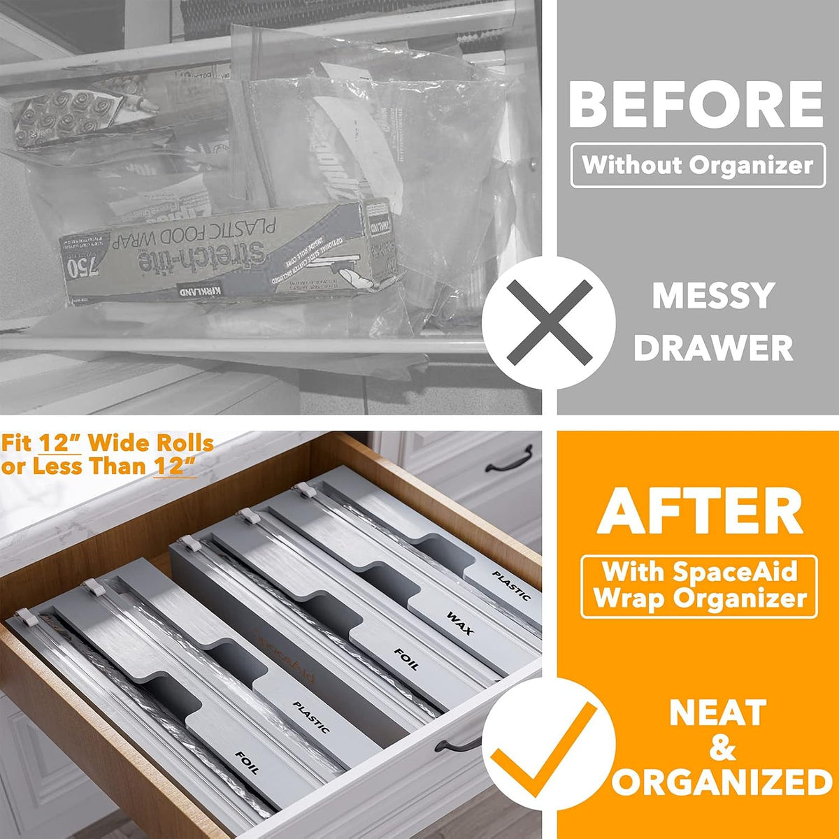 SpaceAid WrapNeat 3 in 1 Wrap Organizer with Cutter and Labels, Plastic Wrap,...