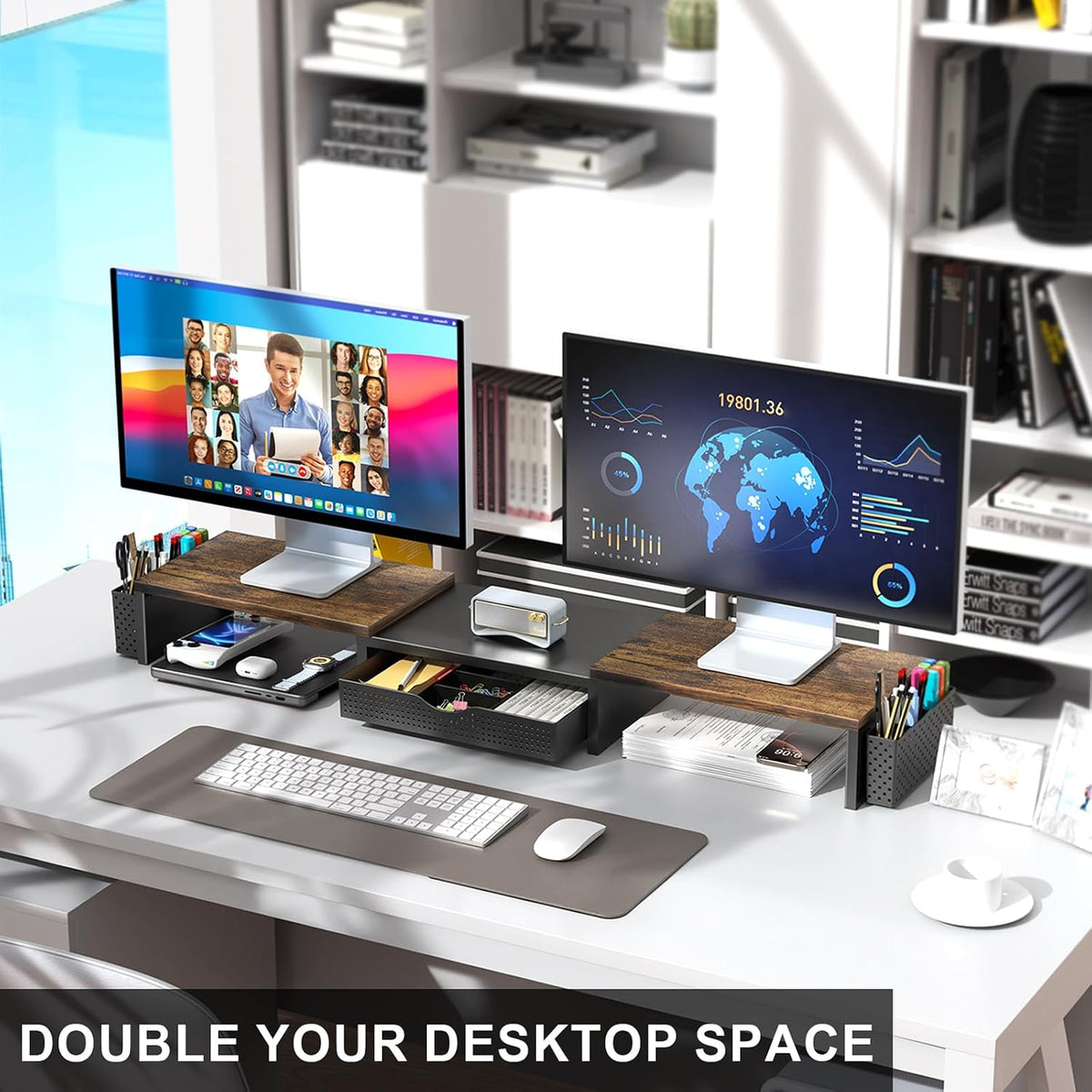 gianotter dual monitor stand riser with drawer and, side view
