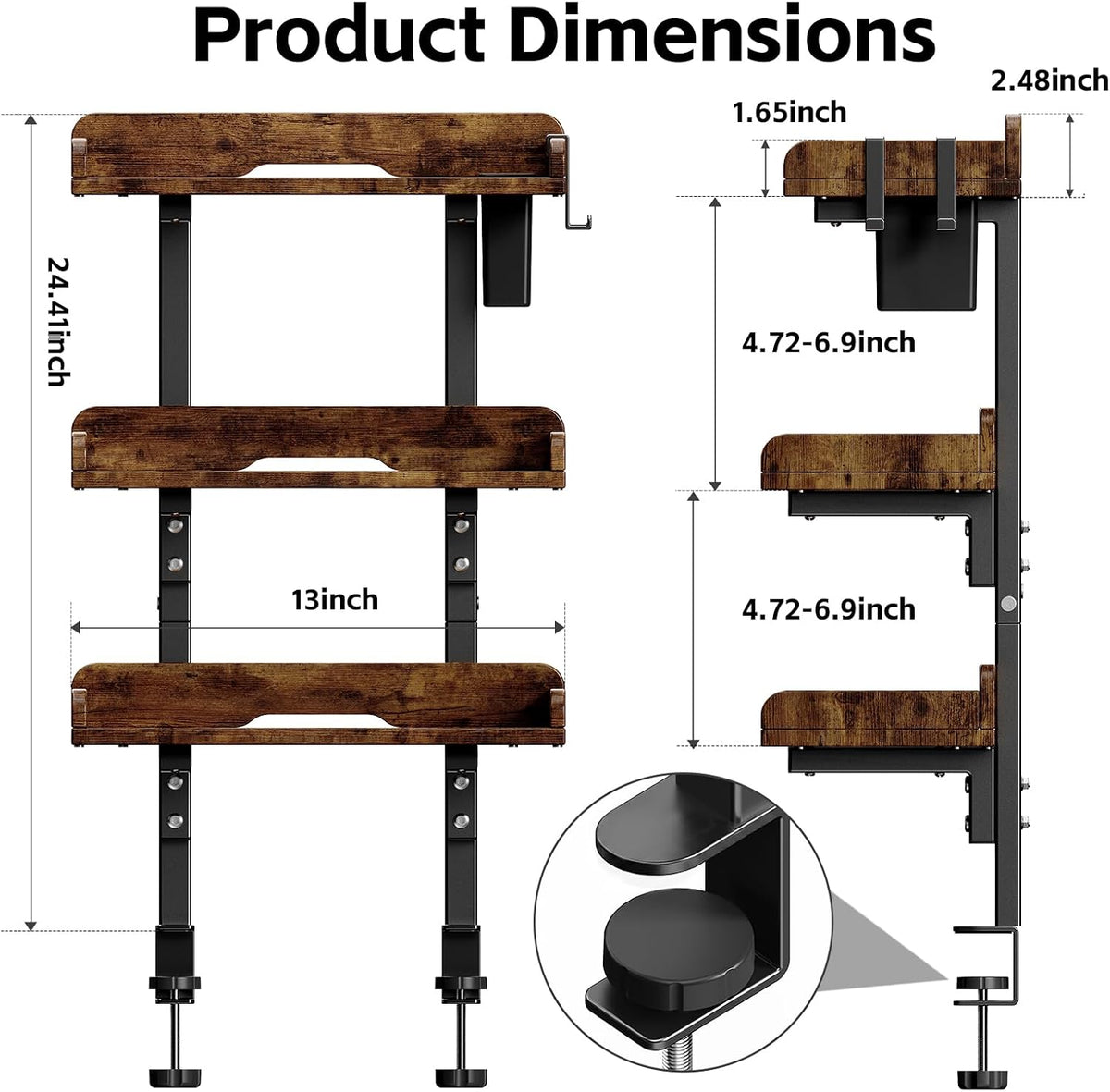 3-Tier Clamp on Wood Desktop Shelf, Adjustable Height Office Desk Organizer