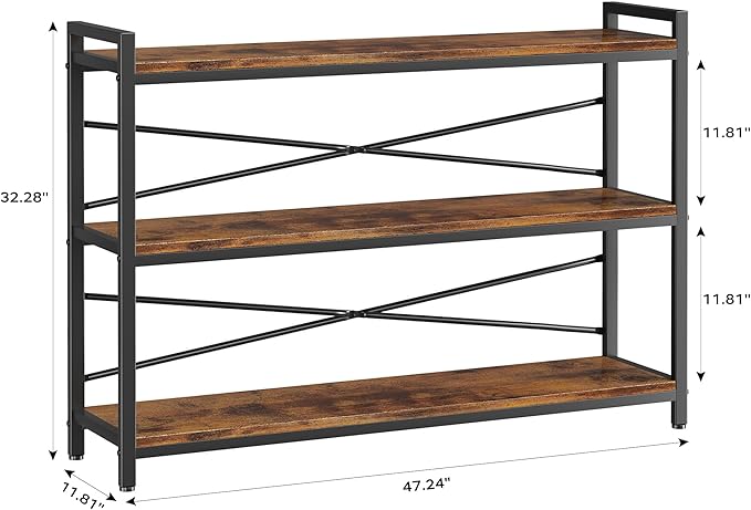 3 Tier Bookshelf 47.24" Width, Wood and Metal Etagere Bookcase, Vintage - Image 3